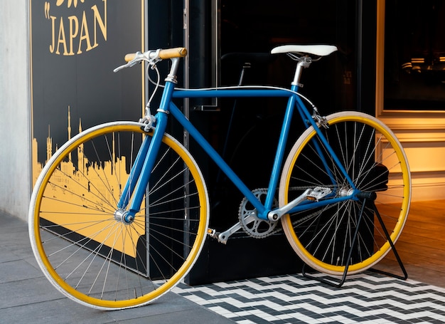 Blue bicycle with yellow wheels