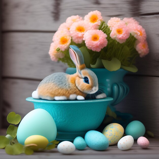 A blue bowl with a bunny on it next to a vase of flowers and a vase of flowers.