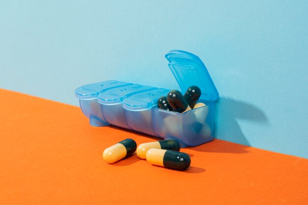 Blue box with pills arrangement