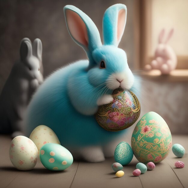 A blue bunny holds a blue easter egg in its mouth.