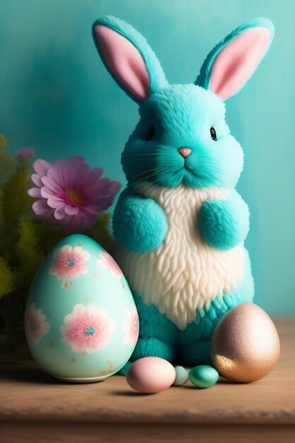 Синий кролик сидит рядом с голубым пасхальным яйцом, а яйцо с розовым цветком сидит на синем фоне.