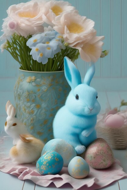 A blue bunny sits among easter eggs and a vase of flowers.