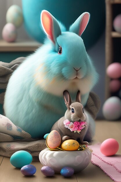 Синий кролик сидит перед корзиной пасхальных яиц.