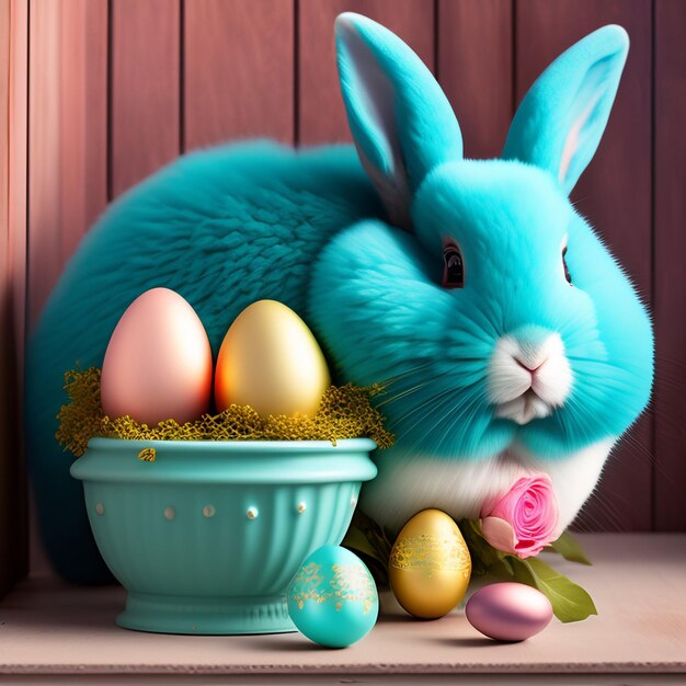 A blue bunny sits in front of a blue flower pot with easter eggs.