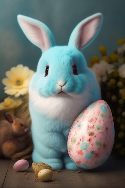 A blue bunny and a white easter egg are standing next to a blue bunny.