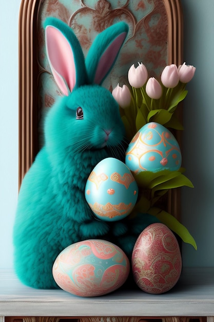 Синий кролик с голубым кроликом, держащим кучу пасхальных яиц
