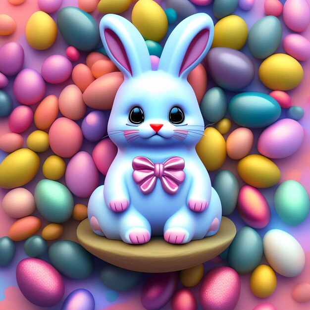 Синий кролик с розовым бантом сидит среди красочных пасхальных яиц.