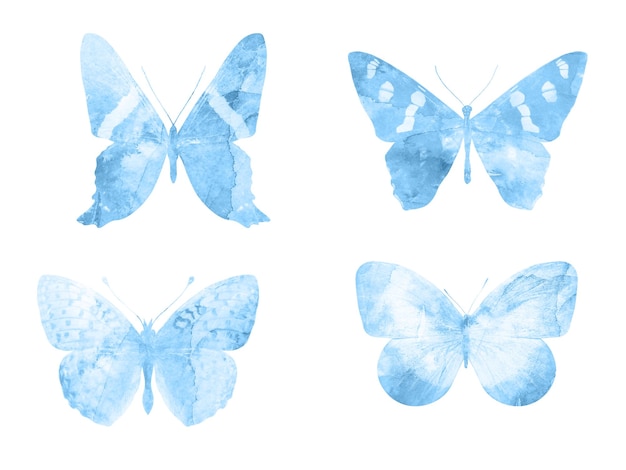 Голубые бабочки, изолированные на белом фоне. тропические бабочки. насекомые для дизайна. акварельные краски