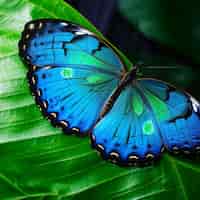 Бесплатное фото Голубая бабочка на листе