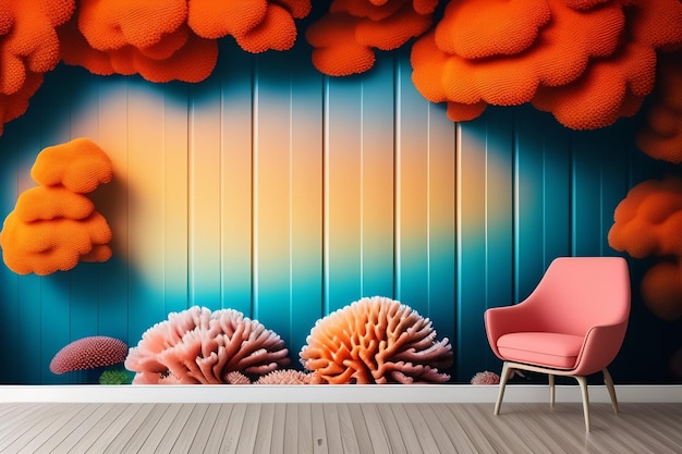 A blue chair in front of a blue wall that says corals.