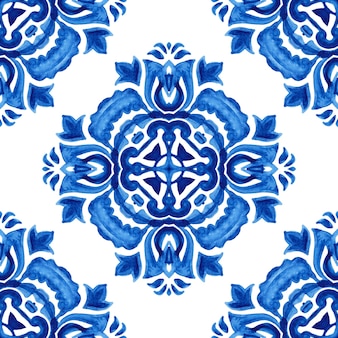 Blue damask hand drawn floral design seamless ornamental watercolor paint pattern