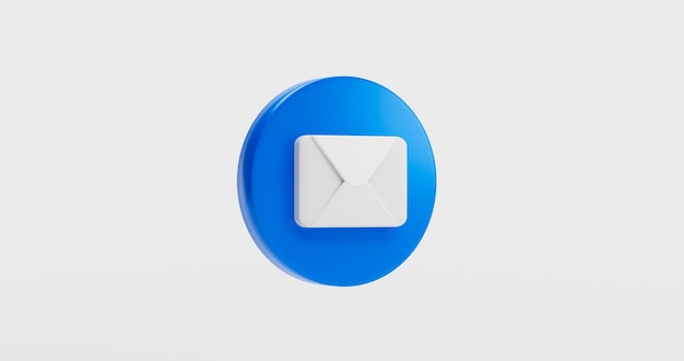 흰색 배경 3D 렌더링에 파란색 봉투 메일 또는 이메일 알림 버튼 아이콘 받은 편지함 기호