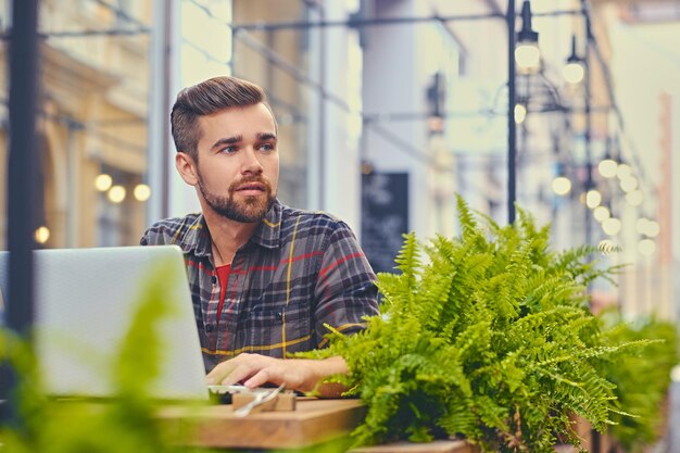 Blue eyed, bearded male using a laptop in a cafe on a street.