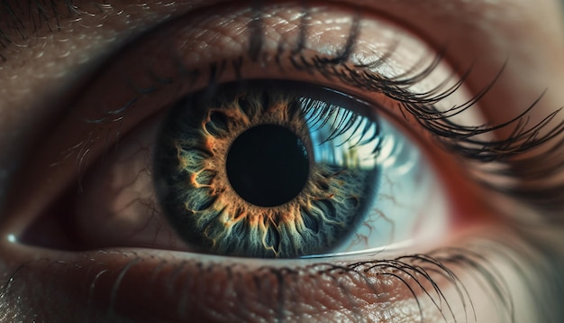 AI가 생성한 카메라의 아름다움을 응시하는 파란 눈의 여성