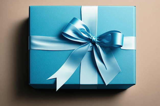 Free photo blue gift box with blue bow on brown background top view ai generative