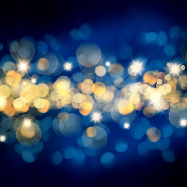 Blue and gold Christmas background with bokeh lights and stars
