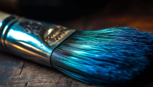 A blue and gold paint brush with the word bristles on it