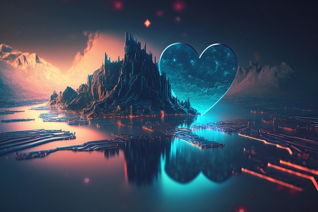 Бесплатное фото Голубое сердце спроектировано как центральный процессор любовного генеративного ии