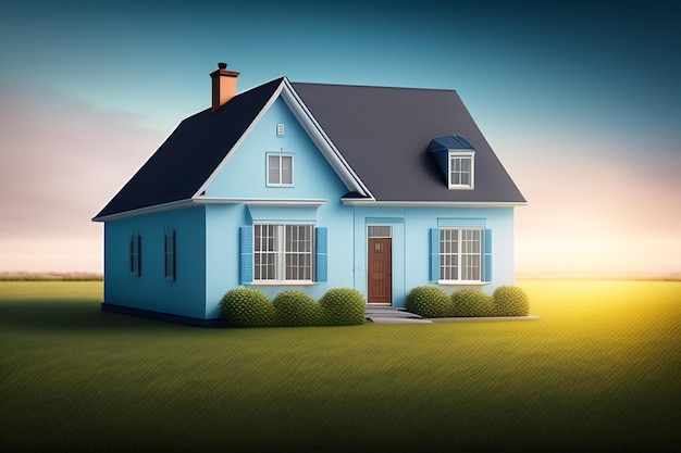 A blue house with a blue roof and a sky background