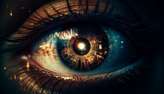 AI によって生成された人間の目のクローズ アップを見つめる青い虹彩