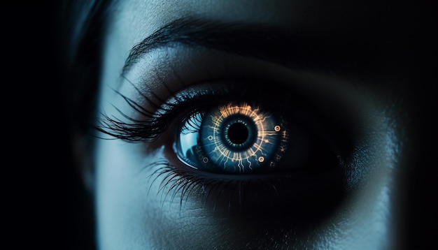 Бесплатное фото Голубая радужка, смотрящая крупным планом на женский глаз, созданный ии