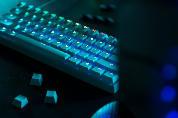 Blue keyboard with lights high angle