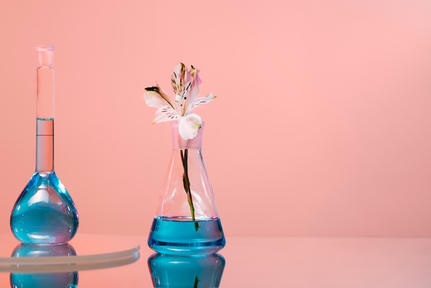 실험실 유리 및 꽃에 있는 파란색 액체