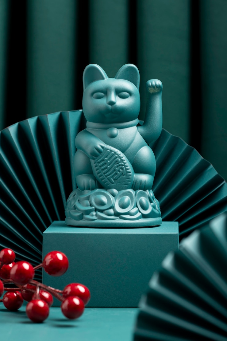 Free Photo blue lucky cat on pedestal superstition concept