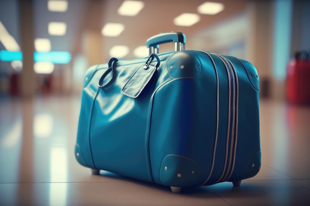 空港フロアの青い荷物の出発と先の旅