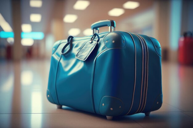 Blue luggage on airport floor departure and journey ahead