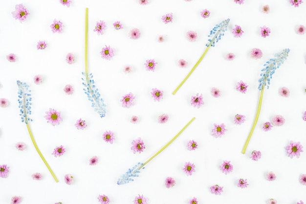 Free photo blue mascara with small pink flowers on white background