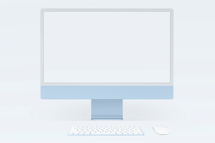 Free Photo blue minimal computer desktop screen digital device with design space