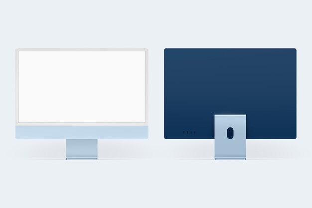 Blue minimal computer desktop screen digital device with design space
