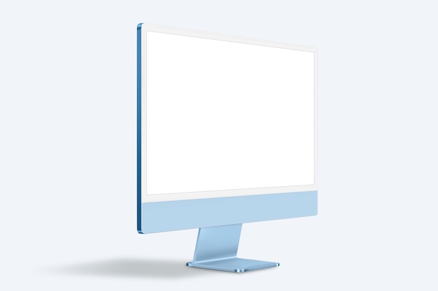 디자인 공간이 있는 파란색 최소 컴퓨터 데스크탑 화면 디지털 장치