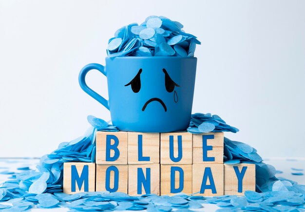 Blue monday with wooden cubes and crying mug