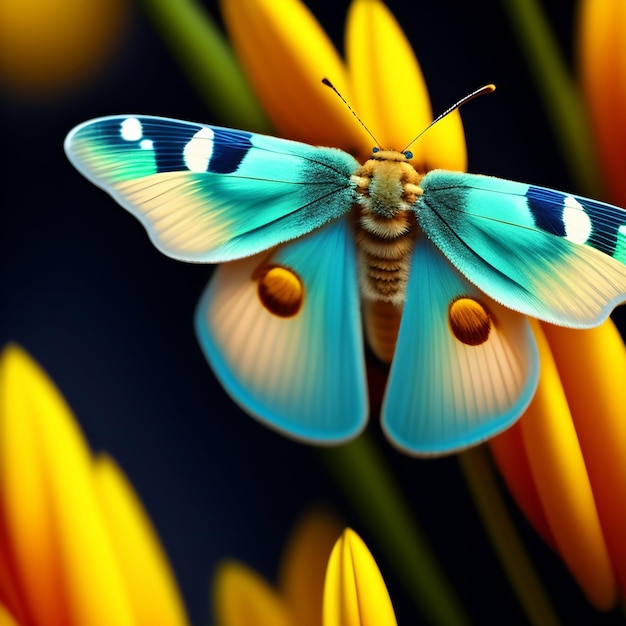 A blue moth with a yellow flower in the background.