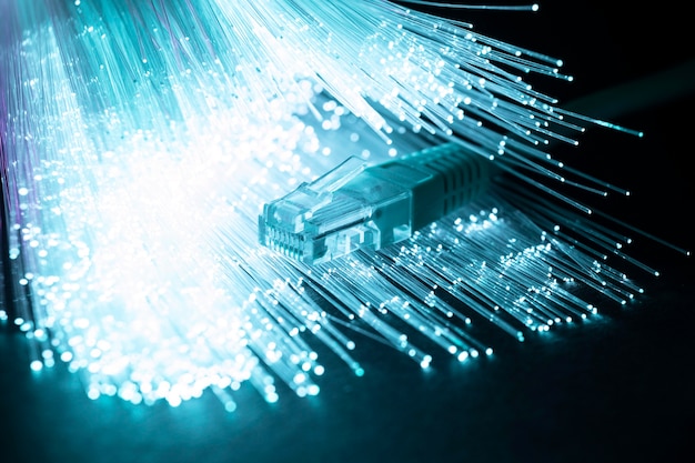 Free photo blue optic fiber with ethernet cables