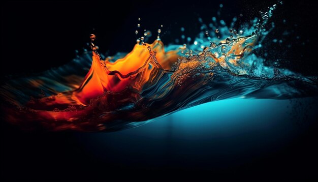 A blue and orange water splash with a blue background