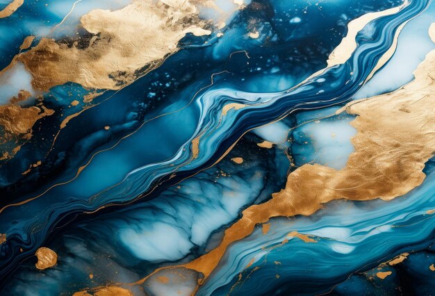 Blue palette liquid ink background with golden streaks