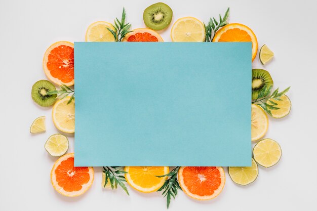 Blue paper sheet of fruits