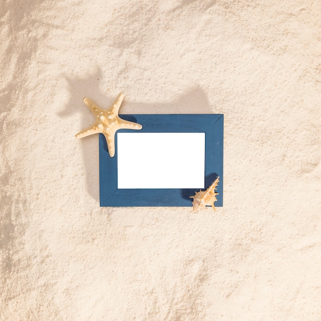 Blue photo frame with dried star on beach