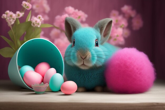 A blue and pink bunny sits next to a basket of easter eggs.