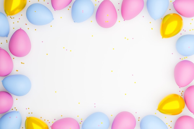 Blue, pink and gold colored balloons placed on a white background