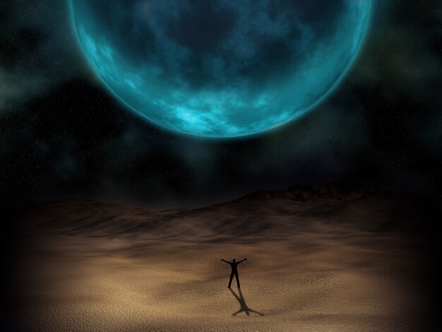 Foto gratuita silhouette di un uomo in piedi sotto un pianeta surreale