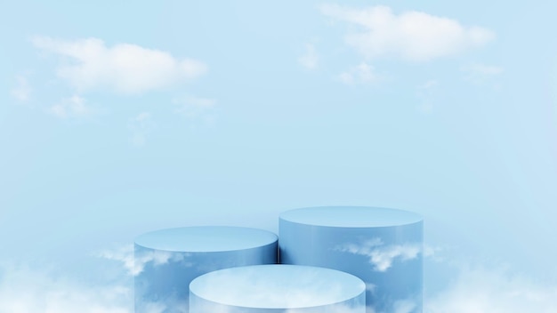 파란색 연단 3D 렌더링은 푸른 하늘과 부드러운 구름 제품 디스플레이 스탠드 추상적인 배경을 사용하여 몽타주 사진을 분리합니다.