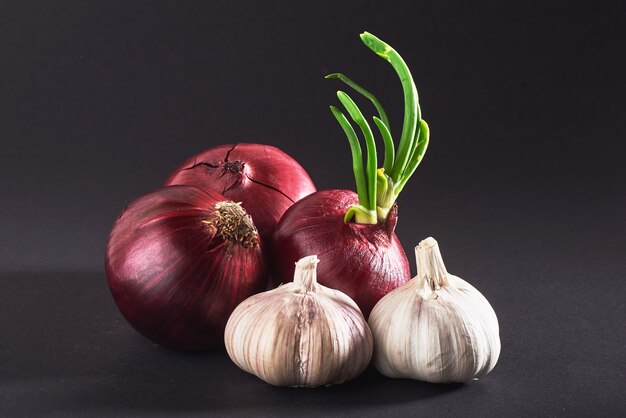 Blue purple onion and garlic isolated white on a black