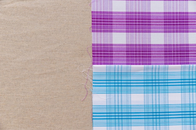 Blue and purple pattern fabric on plain sack cloth