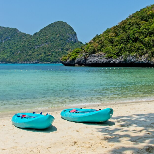 Blue row boats on the beach with the beautiful ocean in the background