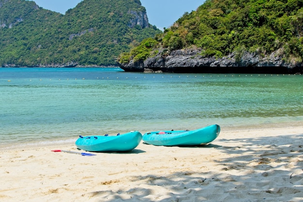 Голубые гребные лодки на пляже с красивым океаном в