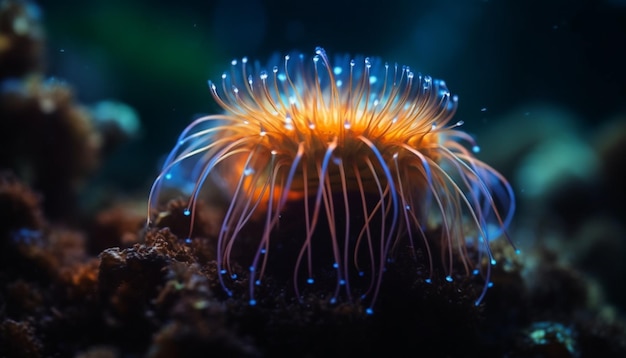 A blue sea anemone with blue and orange streaks on its tentacles.